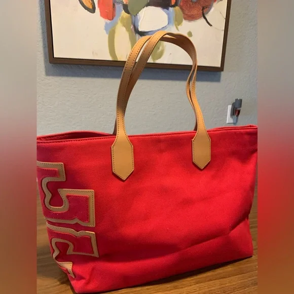Tory Burch New w/out tags canvas tote. Color: Red - Picture 3 of 8